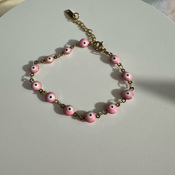 New gold stainless steel pink  evil eye bracelet - Picture 1 of 4